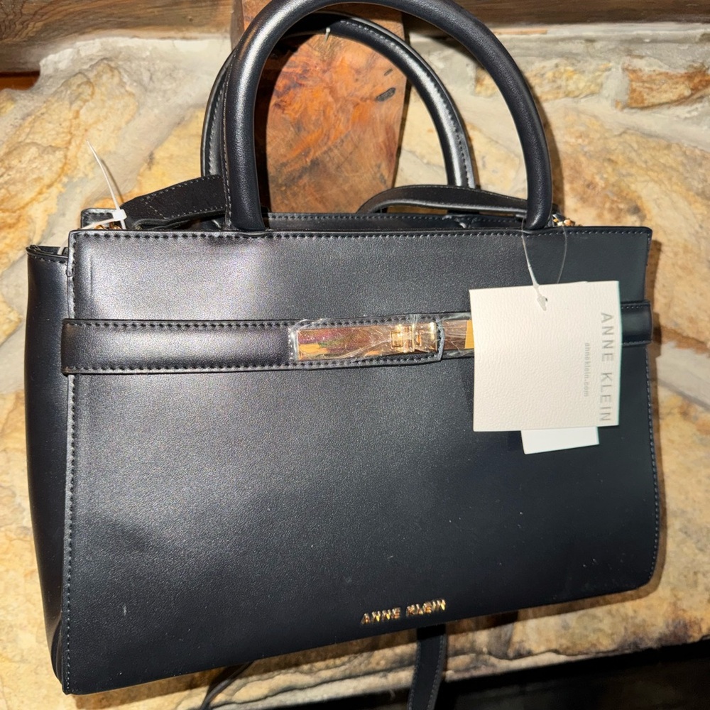 NWT Anne Klein Black Satchel with Gold Accents